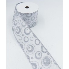 2.5 Inch Wired Christmas Ribbon with a Silver Metallic Circle Design on White Faux Burlap, 10 Yds (Lot of 1 Spool) SALE ITEM